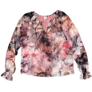 💖 Autres‎ Filles Watercolor Grunge Puff Long Sheer Sleeve Abstract Blouse